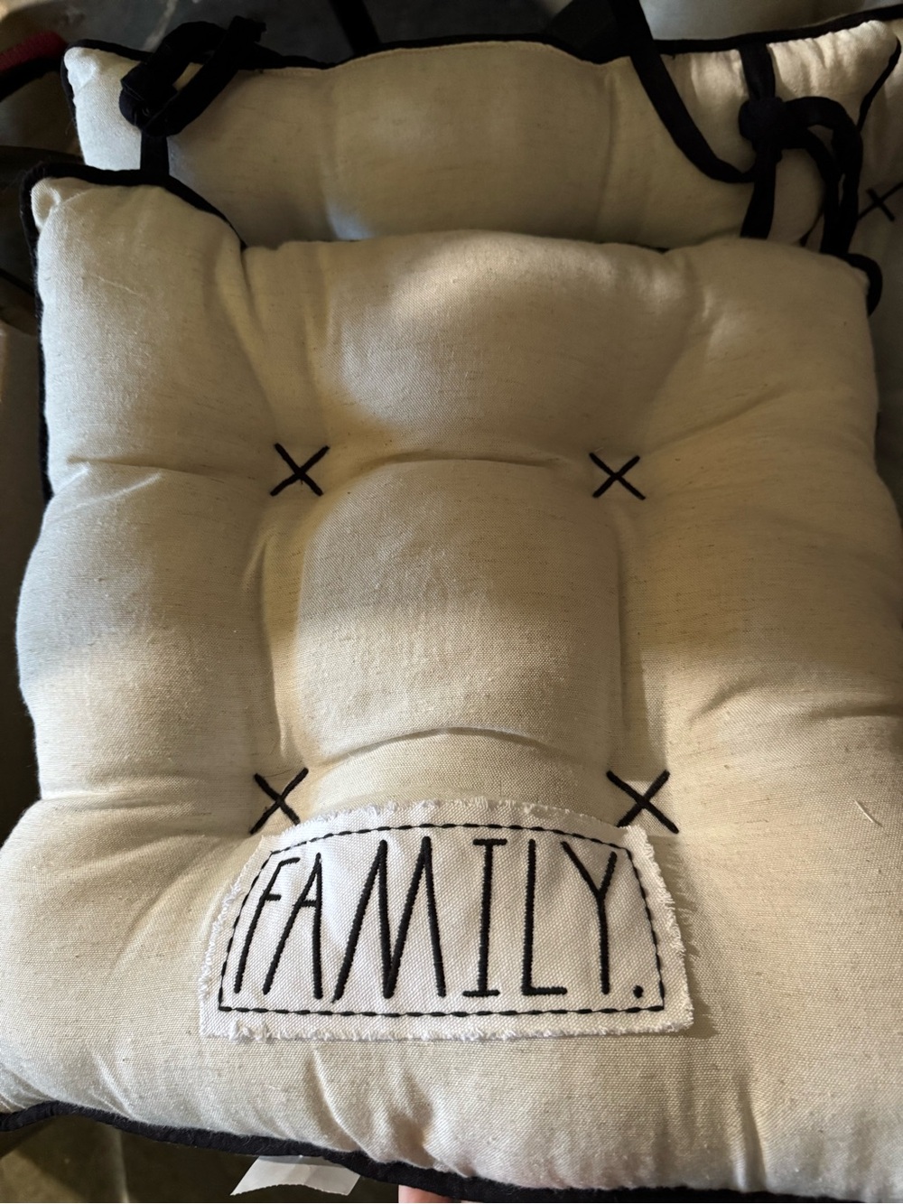 4 chair pads Rae Dunn Cream and Black "FAMILY" Tufted Chair Pad